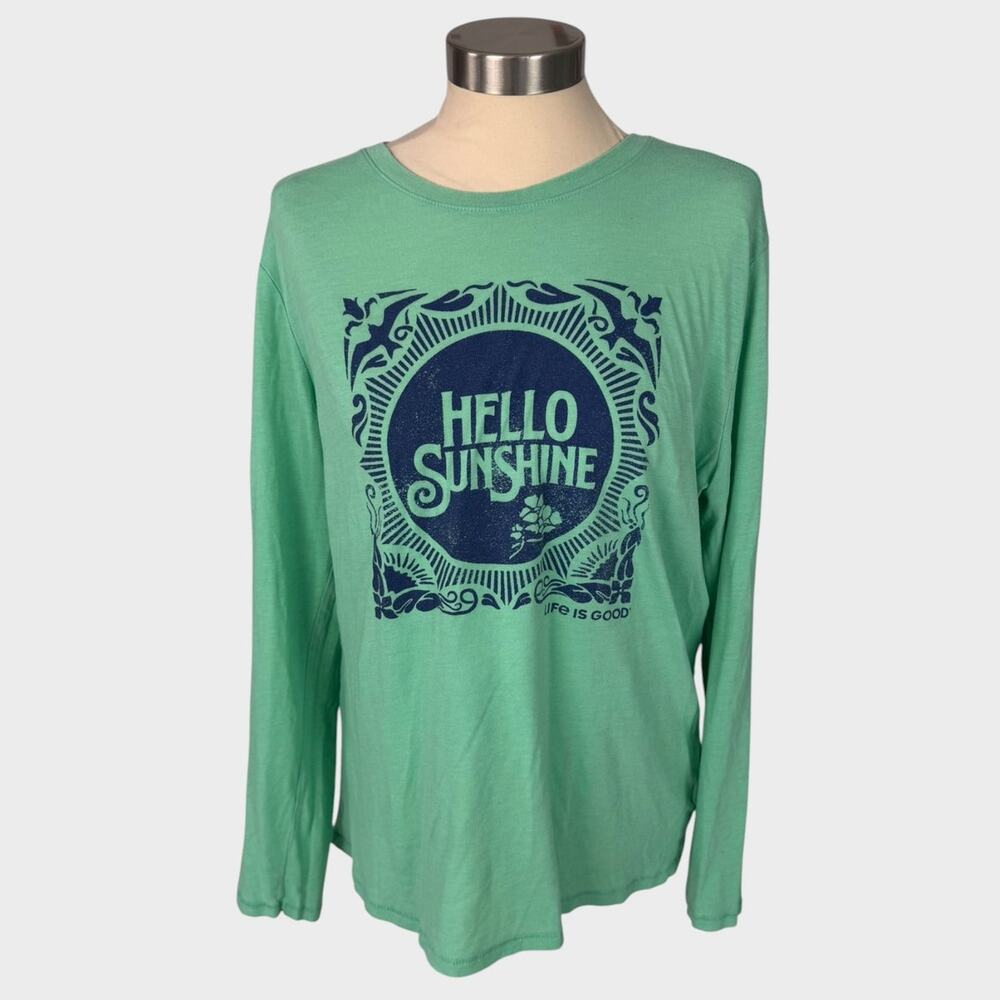 Life Is Good Hello Sunshine Long Sleeve Tee in Mint Green with Navy Print